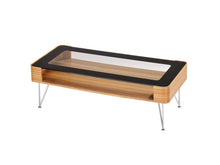 Load image into Gallery viewer, loungestyles-6ixty-zine-120-coffee-table-plywood-black-and-clear-glass-nickel-legs-120cm-ZT120