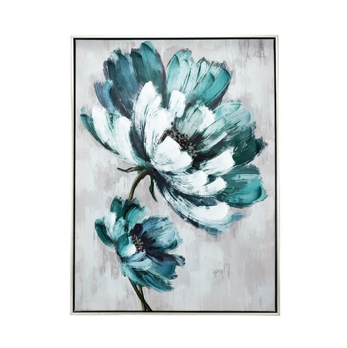Blue & White Floral Embellished & Handpainted Canvas Wall Art