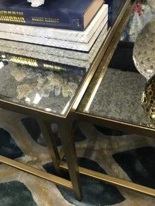 112cm Cocktail Mirrored Nesting Coffee Table - Antique Gold Rectangle Metal Base - Lounge Styles
