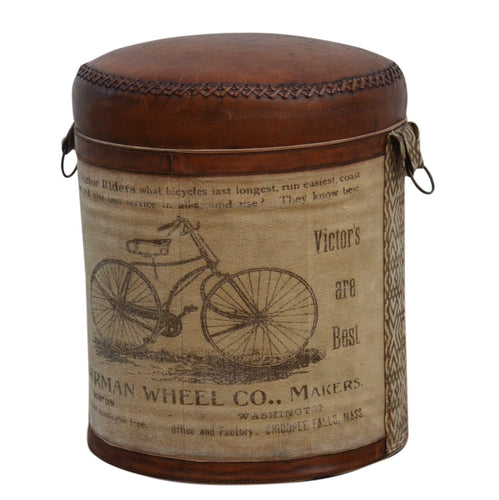 Lounge Styles Phil Bee Cylindrical Bicycle Canvas and Leather Ottoman