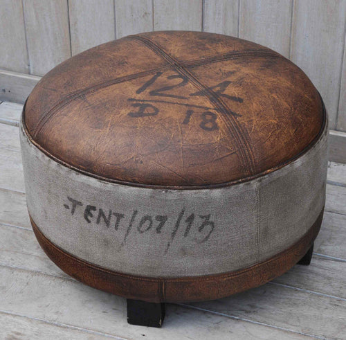 Lounge Styles Phil Bee Vintage Round Canvas and Leather with Wooden Legs Ottoman
