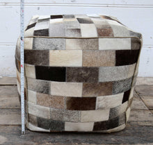 Load image into Gallery viewer, Lounge Styles Phil Bee Cowhide Square Patch Ottoman Rubik&#39;s Cube-esque Pattern - Cream, Grey, Brown