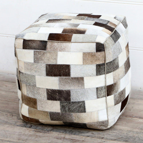 Lounge Styles Phil Bee Cowhide Square Patch Ottoman Rubik's Cube-esque Pattern - Cream, Grey, Brown