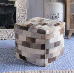 Lounge Styles Phil Bee Cowhide Square Patch Ottoman Rubik's Cube-esque Pattern - Cream, Grey, Brown