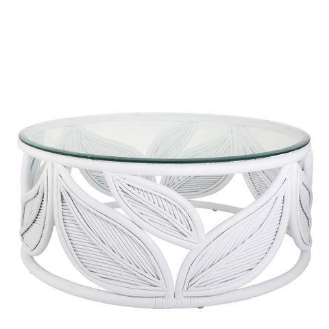 Lounge Styles Emac&Lawton/Florabelle Seville Leaf Coffee Table White, 81cm Round Modern Glass Top with Rattan Base