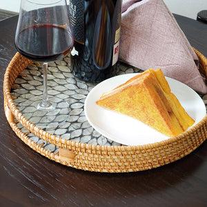Mother Of Pearl Round Rattan Tray Silver