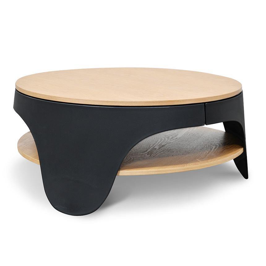 Elias 82cm Round Coffee Table in Natural Black Storage - Lounge Styles