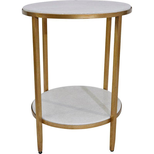 Lounge Styles Cafe Lighting & Living Chloe Stone Top Side Table - Antique Gold Round Metal with Shelf 50cm Dia