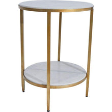 Load image into Gallery viewer, Lounge Styles Cafe Lighting &amp; Living Chloe Stone Top Side Table - Antique Gold Round Metal with Shelf 50cm Dia