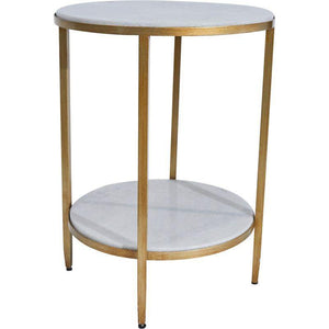 Lounge Styles Cafe Lighting & Living Chloe Stone Top Side Table - Antique Gold Round Metal with Shelf 50cm Dia