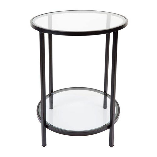 Lounge Styles Cafe Lighting & Living Cocktail Round Side Table - Black Metal Tempered Clear Glass Top 50cm