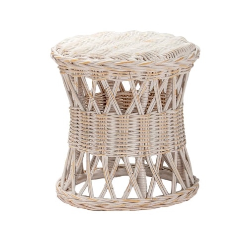 Lounge Styles Room+Co Isabel Rattan Side Table Stool, 40cm Round Hand Woven Distressed White