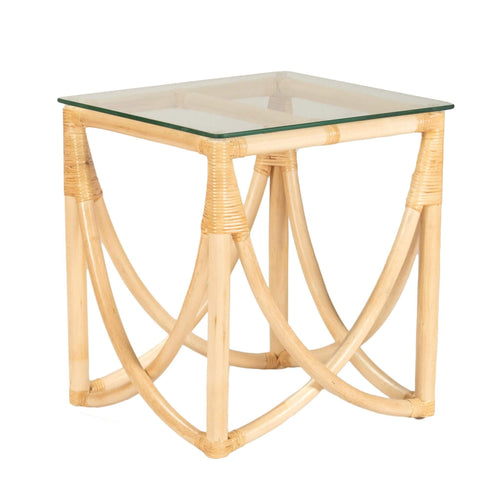 Lounge Styles Room+Co Sandra Side Table, Square Natural Rattan Piece 47cm Glass Top